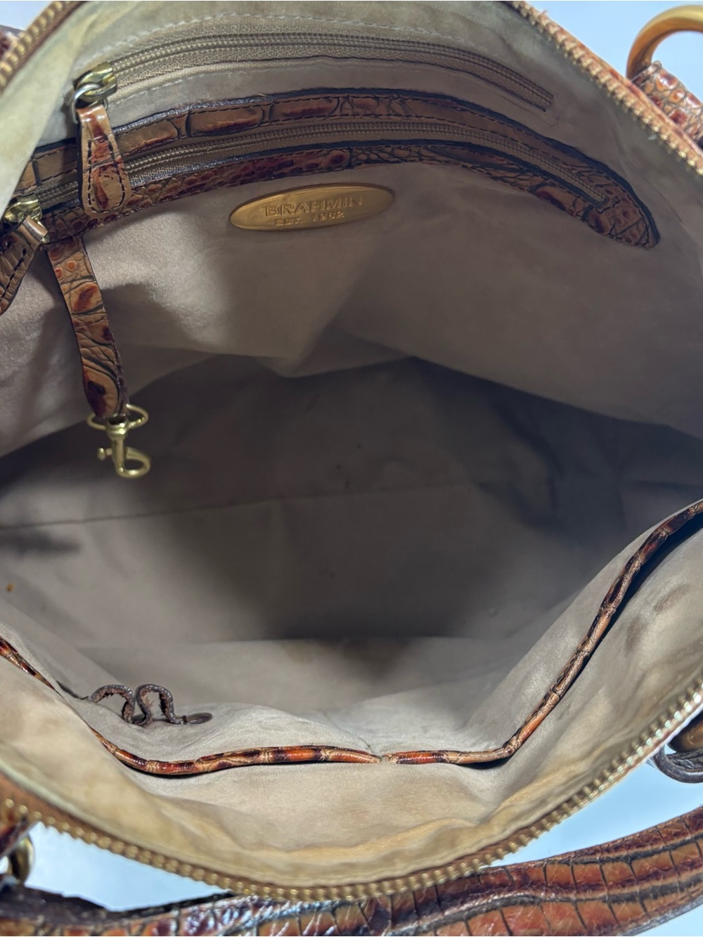 Brahmin Tan Belinda Croc Leather Embossed Hobo Bag Purse Designer Dual Pockets - Picture 9 of 12
